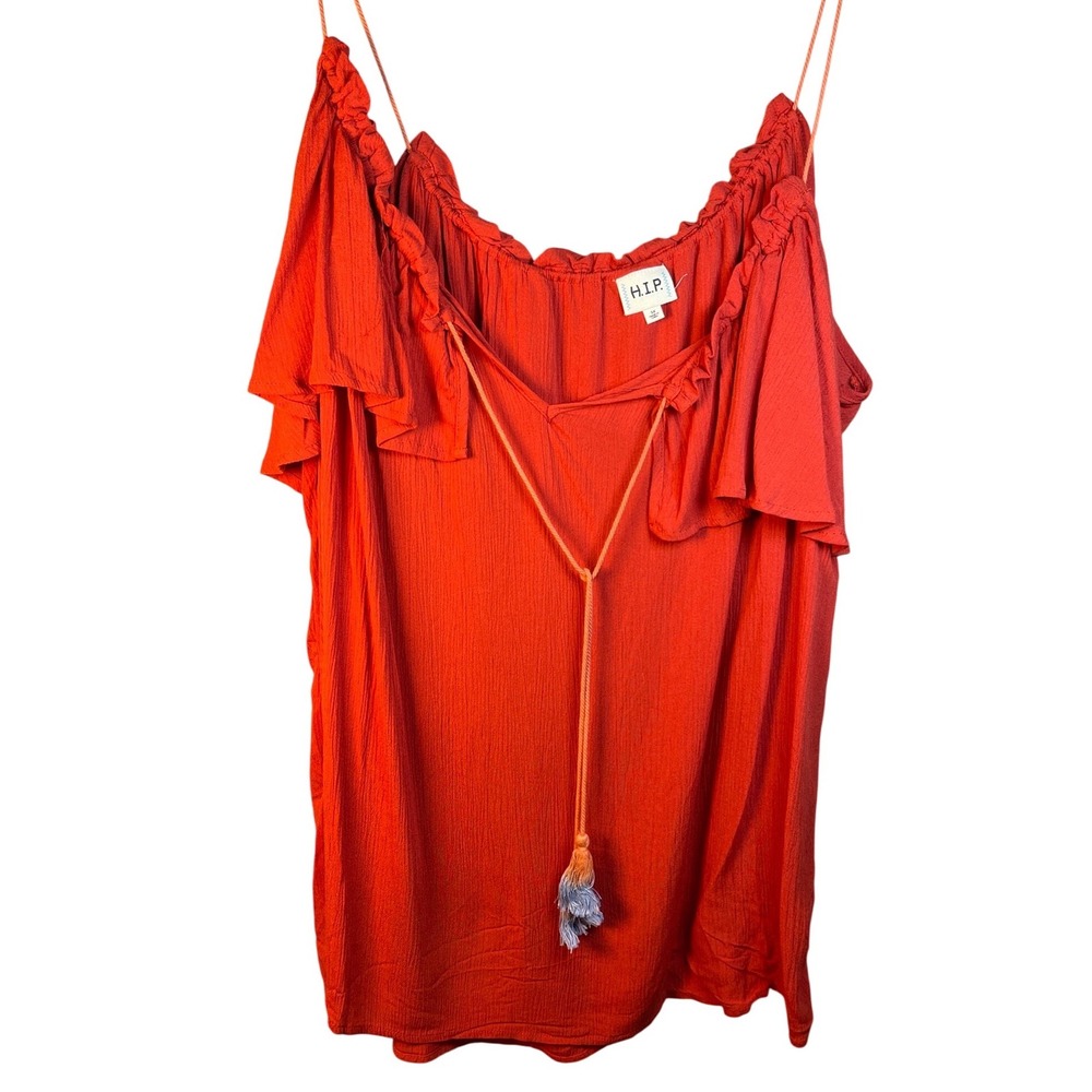 H.I.P. Cold Shoulder Top Womens 3X Red Rayon Boho Tassel Ruffle Festival Chic